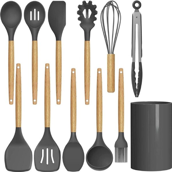 Set of 12 Silicone Utensils Set Wooden Cooking Kitchen Baking Cookware ~ Grey-Black
