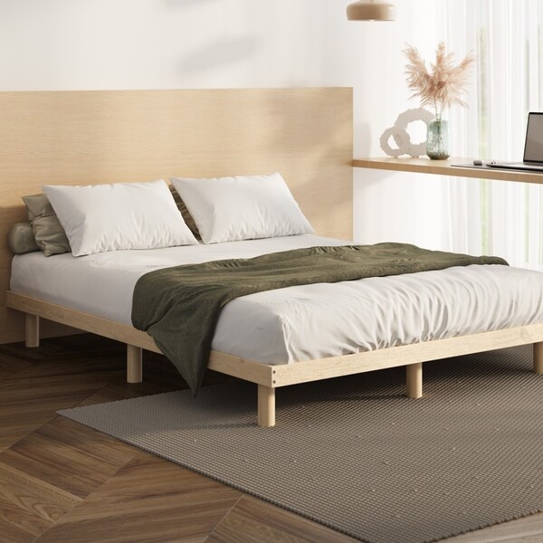 Oikiture Bed Frame Double Size Wooden Bed Base Platform Solid Wood Slats