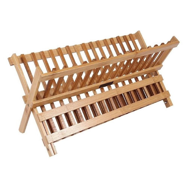 Bamboo Foldable Dish Drying Rack Plate Cup Drainer Tray Utensil Cutlery Holder