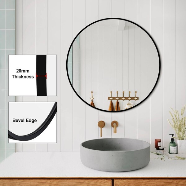 Bathroom Vanity Makeup Wall Mirror Bevel Edge Black Aluminium Frame Decor Round 70cm