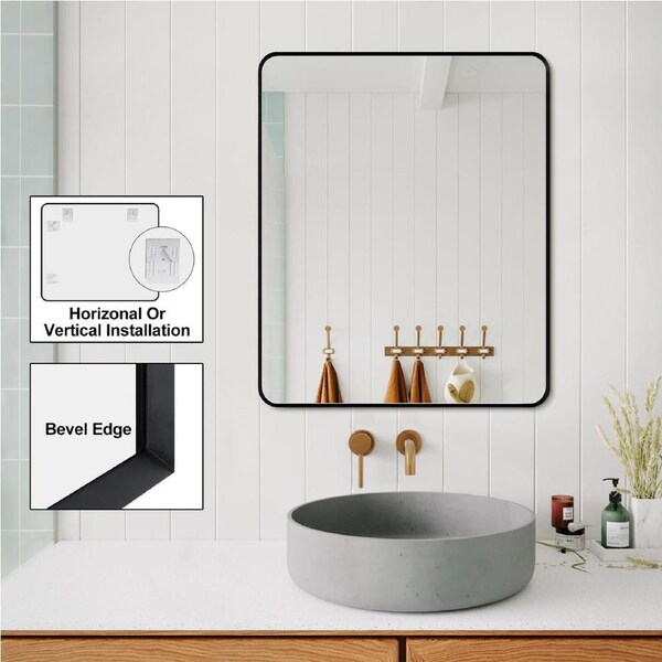 Bedroom Matt Black Framed Aluminium Wall Mounted Vanity Mirror Decor Bracket 500*650*20mm