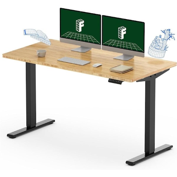 Electric Standing Desk 140cm x 70cm - Bamboo Top, Memory Controller, Height Adjustable (Black Frame)