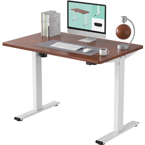Electric Standing Desk 120x60cm Adjustable Height Sit Stand Desk (White Frame + Mahogany Top)