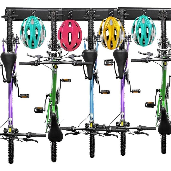 Bike Storage Rack with 5 Racks & 4 Hooks - Wall Mount for Garage Space Saving
