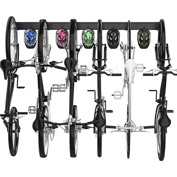 Bike Storage Rack Wall Mount - 6 Bike Hanger - Adjustable Hooks - Indoor/Outdoor Garage Storage