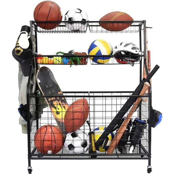 Large Capacity Sports Equipment Organizer with Hooks and Baskets for Garage Storage