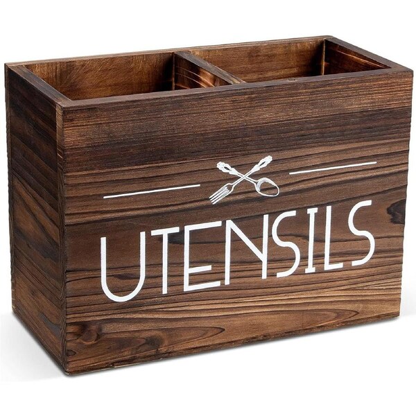 Wooden Kitchen Utensil Holder for Countertop, Rustic Farmhouse Decor, 2 Compartments