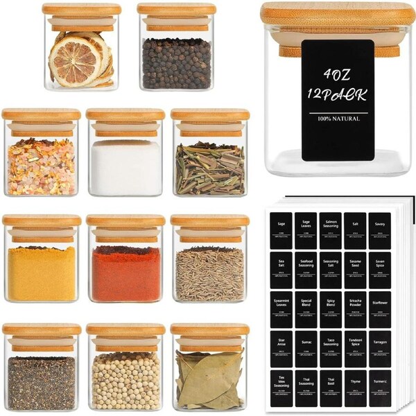 12Pcs Glass Spice Jars with Bamboo Lid, 4oz Airtight Containers, 275 Labels