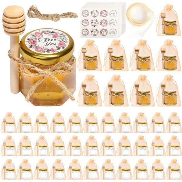 Mini Honey Jars with Dipper - 1.5oz, 40 Pack - Small Glass Jar for Baby Shower, Wedding Favors