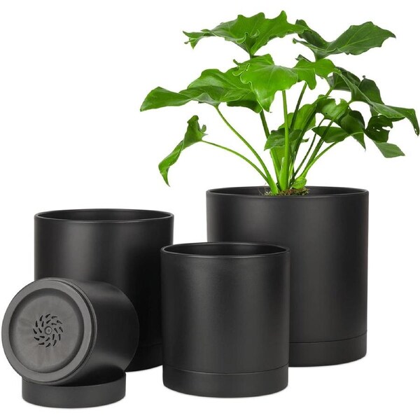 4-Piece Black Plant Pots with Saucers for Indoor Plants