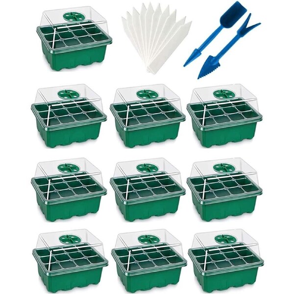 120 Cell Seedling Starter Tray Kit for Greenhouse Gardens - 10 Pack with Humidity Dome and Base
