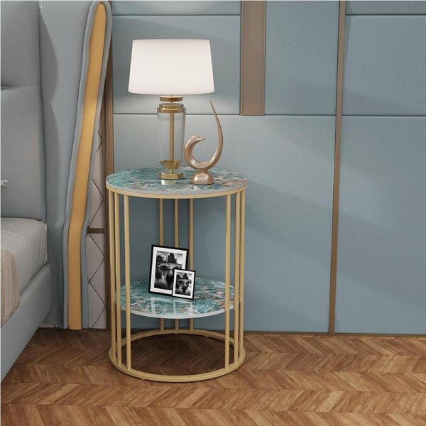 Marble Top Round Side Table - 2 Tier Bedside with Gold Legs