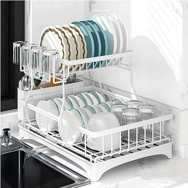 2 Tier Dish Drainer Drying Rack in Rustproof Carbon Steel with 360 Degree Rotating Drainer White