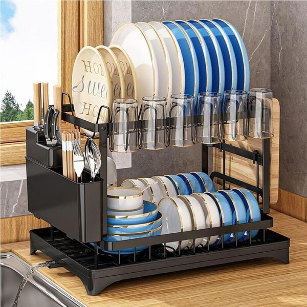 2 Tier Dish Drying Rack with Drain Board for Kitchen Counter