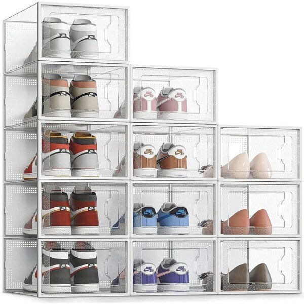 XXL 12 Pack Shoe Storage Box Clear Stackable Organizer for Closet, Fit up to Size 14