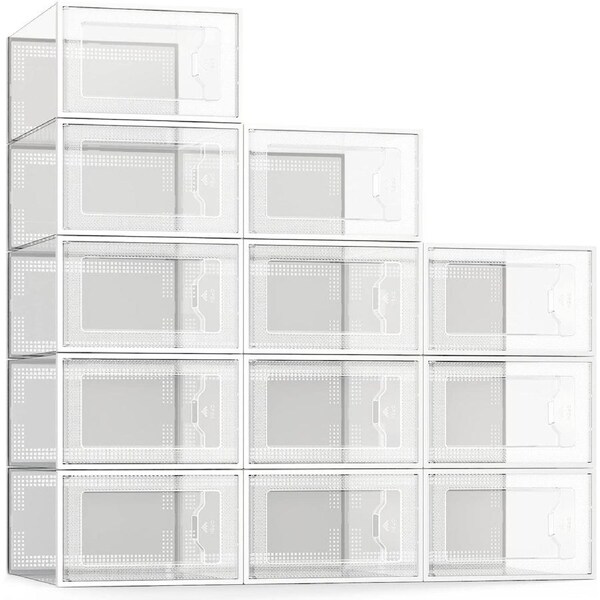 12 Pack Shoe Storage Box - Clear Stackable Organizer for Closet