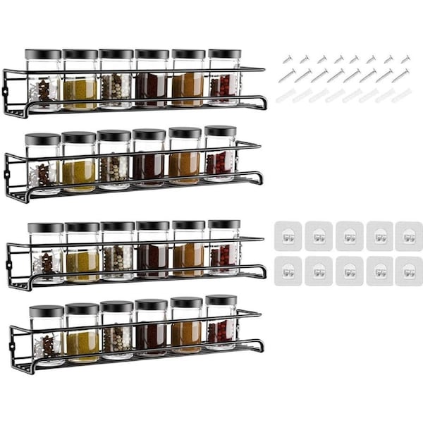 4 Tier Wall Spice Rack Organizer for Cabinet Door - Mount with Adhesive or Screws
