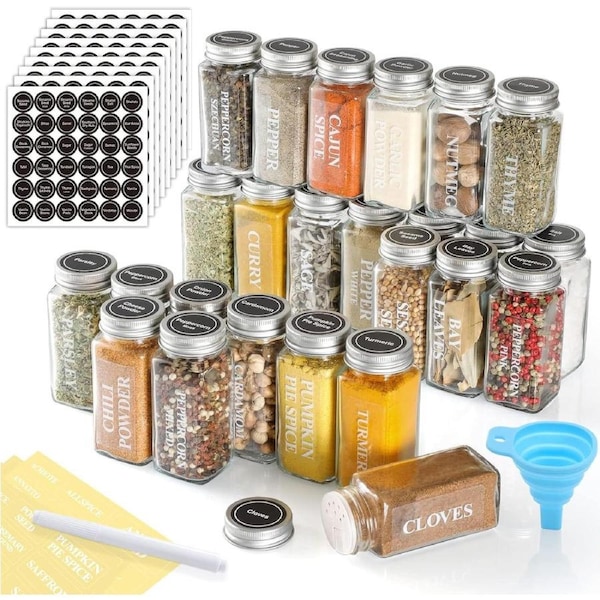 36 Glass Spice Jars with Labels - 4oz Square Bottles - Shaker Lids, Airtight Caps, Chalk Marker, Funnel