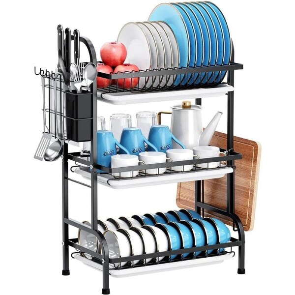 3 Tier Dish Drying Rack for Kitchen with Drain Board Tray and Utensil Holder