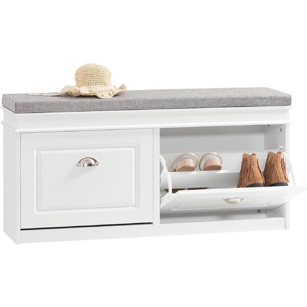 White Hallway Shoe Bench with Flip-Drawer and Seat Cushion