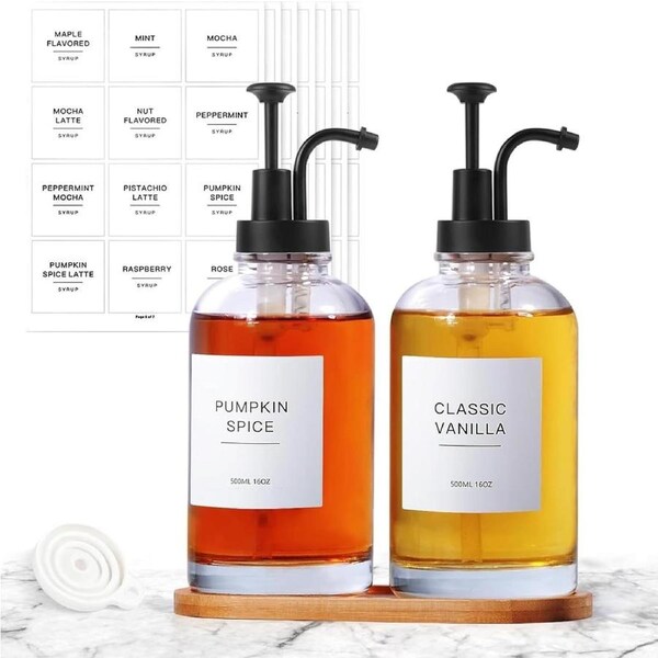 Coffee Syrup Dispenser for Coffee Bar with Bamboo Tray and Glass Pump Bottles - 16.9 oz - Set of 2 Black