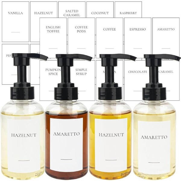 300ml Coffee Syrup Dispenser Bottles with Labels - Set of 4