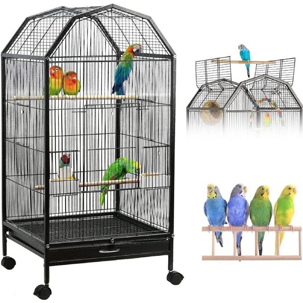 Open Top Standing Bird Cage with Rolling Stand - Large Metal Flight Cage for Parrots and More