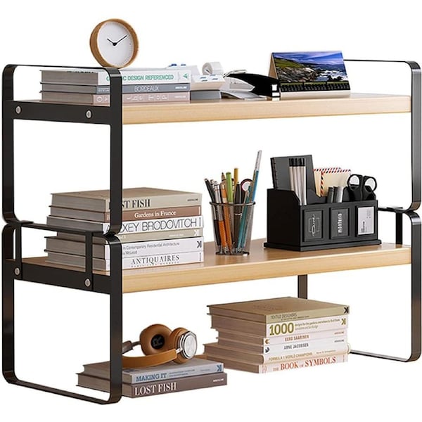 2 Tier Desktop Bookshelf Plant Stand with Metal Frame and Wood Board