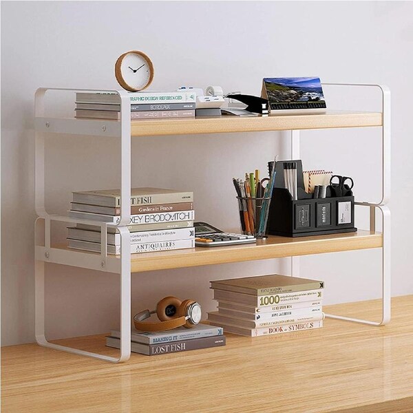 2 Tier Desktop Bookshelf Plant Stand with Metal Frame and Wood Board
