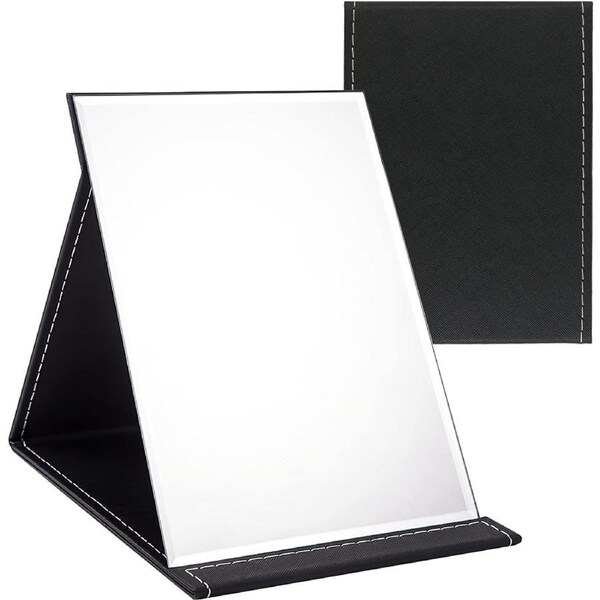 21x15cm Foldable Makeup Mirror, Super HD Portable Adjustable Mirror - Black PU Leather Vanity Mirror