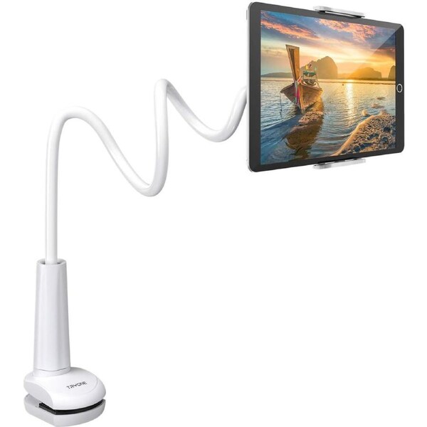 Adjustable Gooseneck Tablet Holder Stand for Bed - Compatible with iPad, Galaxy, Kindle, Switch (White)