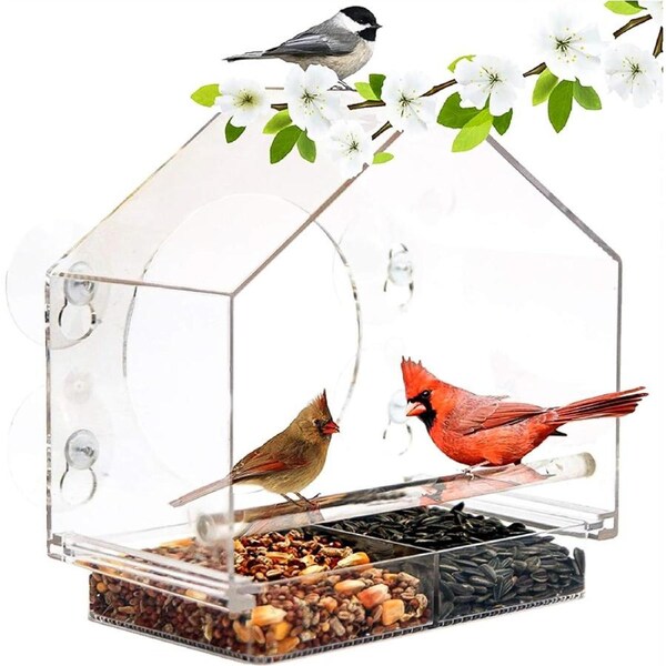 Crystal Clear Acrylic Window Bird Feeder with Removable Tray and Suction Cups - V7D07