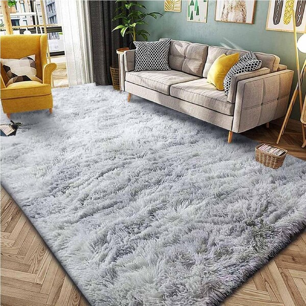 Fluffy Shaggy Area Rug for Bedroom and Living Room - Anti-Slip, Soft, Modern - Grey White, 180x270cm
