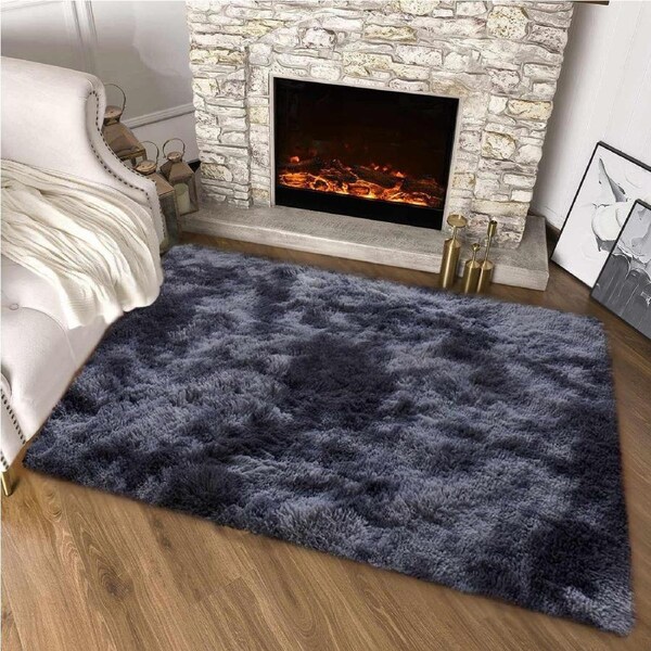 Fluffy Shaggy Area Rug for Bedroom and Living Room - Anti Slip and Soft Plush Carpet, Black Grey (120x170cm)