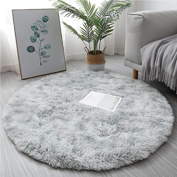 Round Fluffy Rugs for Bedrooms and Living Rooms - Soft Shaggy Carpet for Kids Room (Grey White, 80cm)