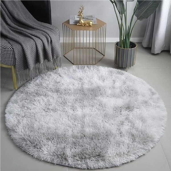 Soft Shaggy Round Rugs for Bedrooms and Living Rooms - Grey White (120cm)
