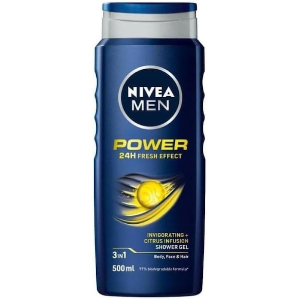 NIVEA MEN Power Fresh 3 in 1 Shower Gel and Body Wash (500ml), Multi-Use Shower Gel for Body, Face and Hair with Invigorating Citrus Infusion, Shower Gel and Body Wash with 24Hr Fresh Effect
