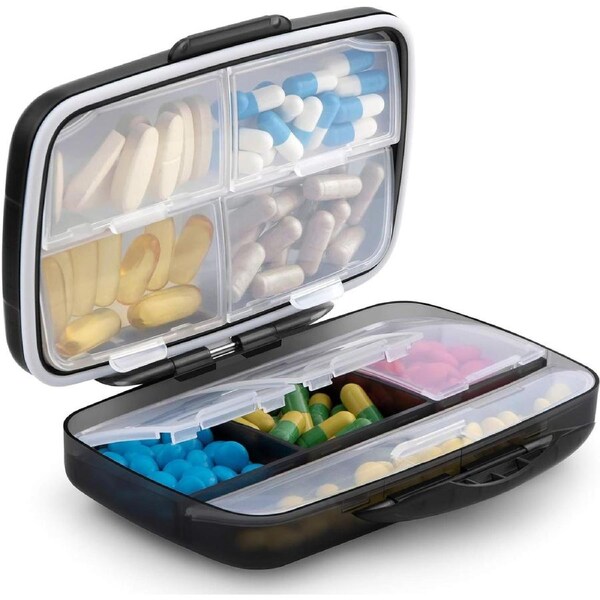 Large Travel Pill Organizer with 8 Compartments - Airtight & Moistureproof (Black)