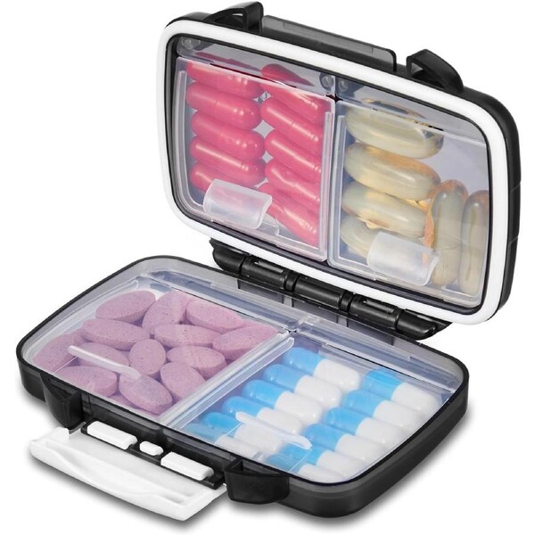 Travel Pill Organizer with 4 Compartments and Labels - Portable and Moisture Proof (Black)