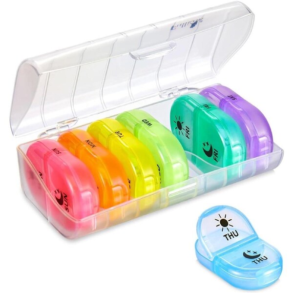 Travel Pill Organizer 2x a Day, Spill Proof 7 Day AM PM Large