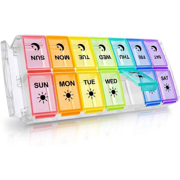 Weekly Pill Box Organizer for 2x Daily Use - 7 Day, Large Compartments (Rainbow)