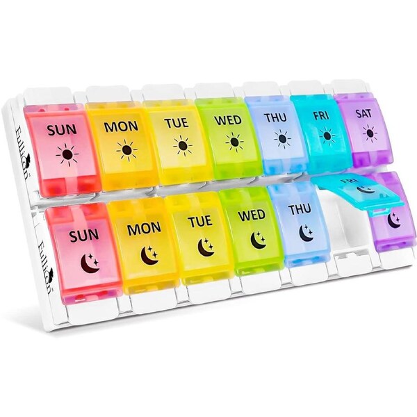 Pill Organizer 2x a Day Large Weekly Box with Push-Button Open - Rainbow & White