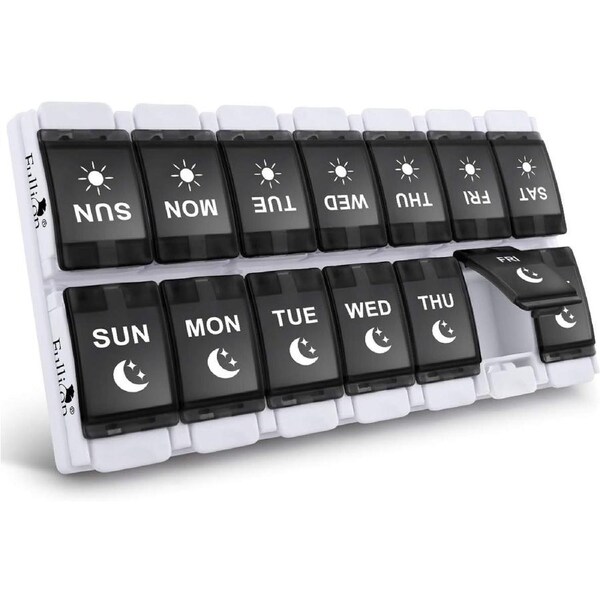 7 Day AM PM Pill Organizer - 2 Times a Day Large Weekly Pills Case Black
