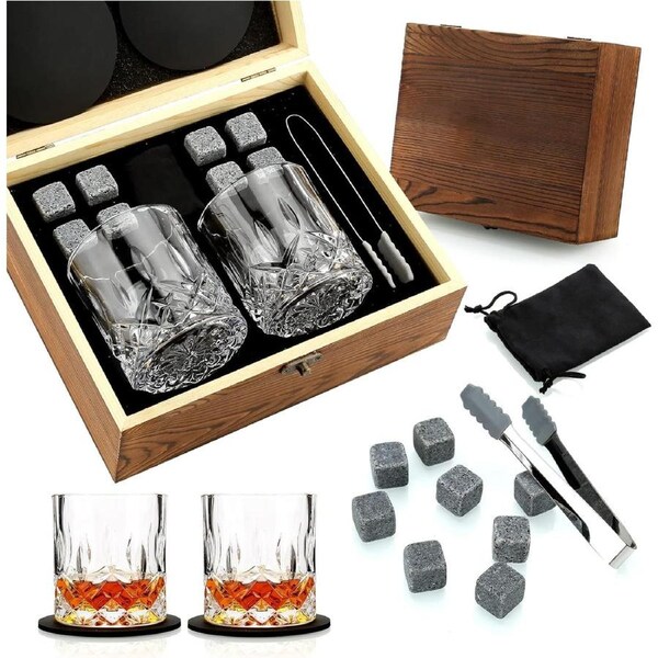Whisky Glass Gift Set with Stones and Glasses in Wooden Box for Men