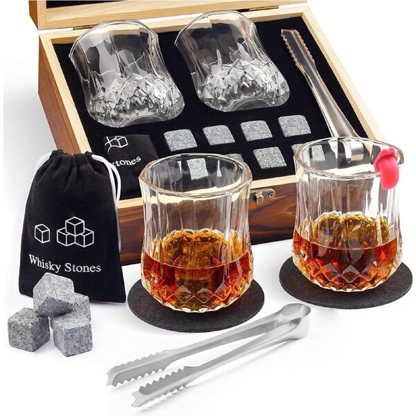 Whiskey Stones Gift Set for Men - Includes 8 Chilling Stones, Box, Coasters