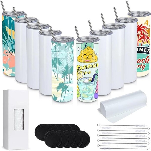 20oz Sublimation Tumblers 10 Pack Bulk Set with Lids & Straws