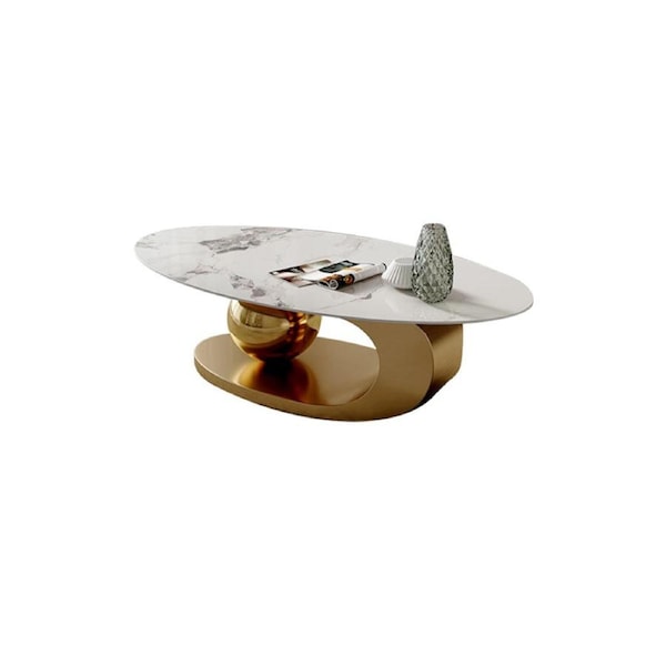 Serinee Oval Ceramic Coffee Table/ Golden Colored Legs/Steel Frame