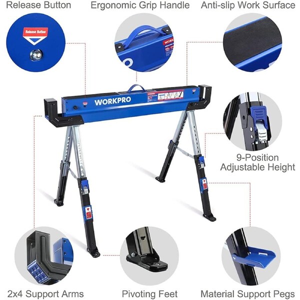 WORKPRO 2 Pcs Heavy Duty Folding Sawhorse Adjustable Saw horse with 2x4 Support Arms, 3000 lbs Load Capacity, 24-32 inch Height Adjustable Legs, Pivoting Feet & Support Pegs