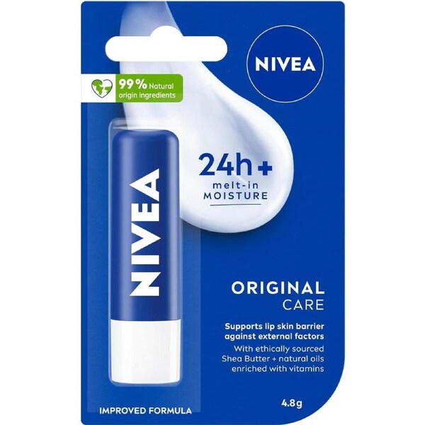 NIVEA Lip Balm Original Care 4.8g, Protective Lip Moisturiser with Shea Butter and Natural Oils, Caring Lip Balm for 24h Moisture Care, Lip Care with Melt-In Formula