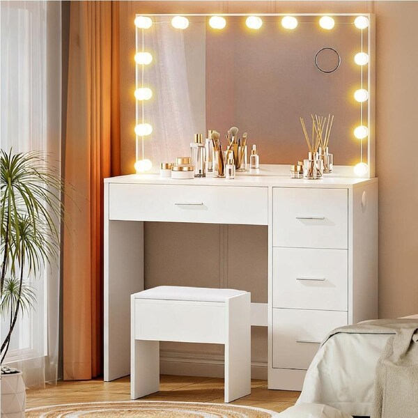 Artiss Dressing Table 15 LED Bulbs Stool Set Vanity Desk Makeup Mirror Storage Drawers White